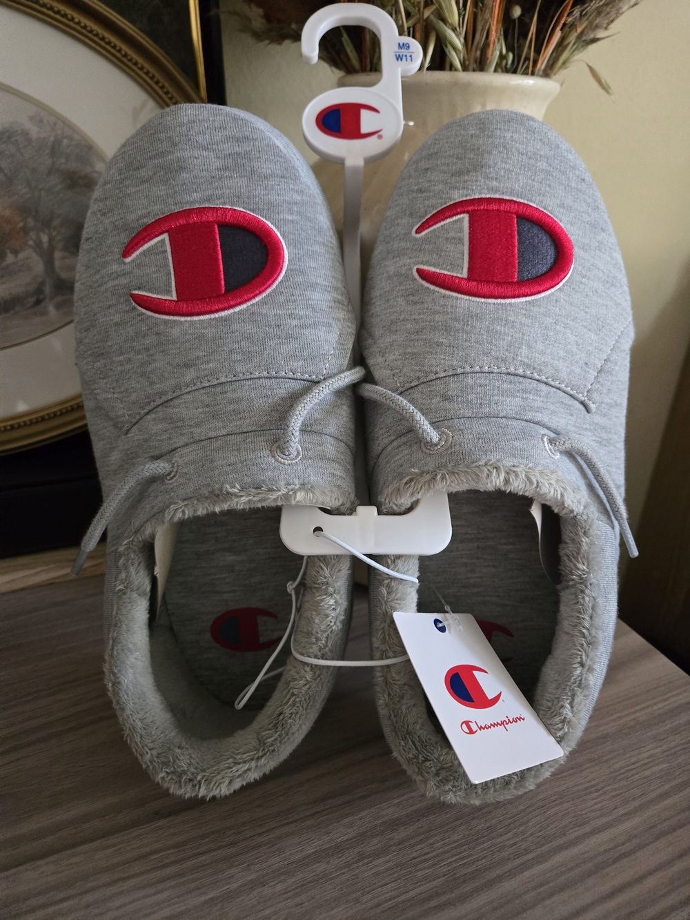 Champion Cozy Grey Slip-On Shoes with Red Logo Men's 9 Or Women's 11